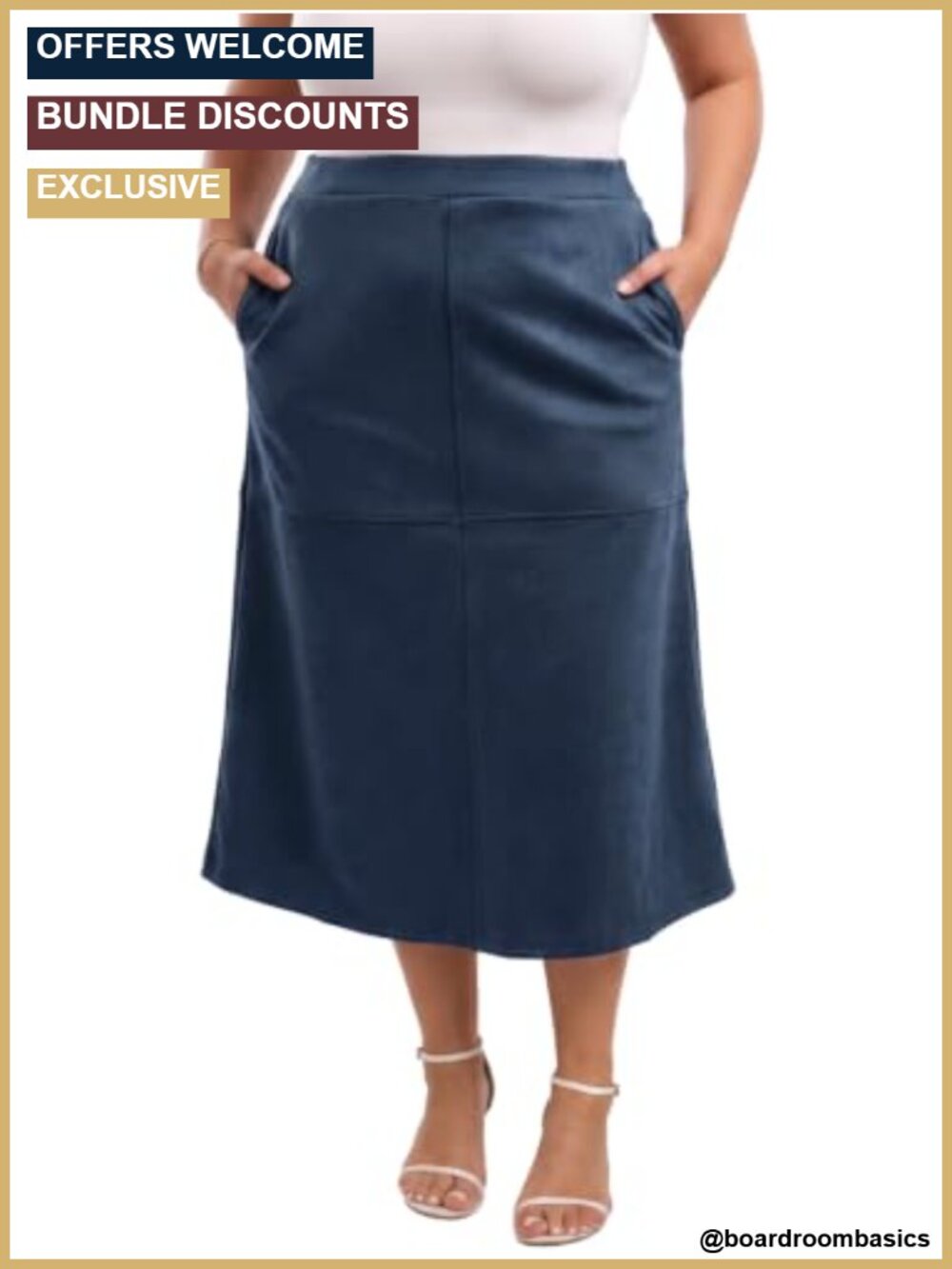 Womens Plus Size Faux Suede A-Line Midi Skirt High Waist
